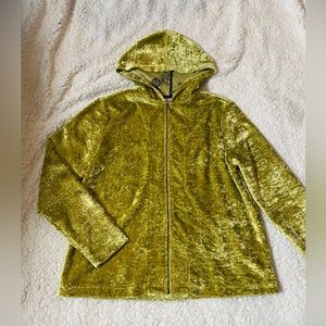 Chicos Size 1 or Medium Green Velvet Hoodie Zipper Front Long Sleeve